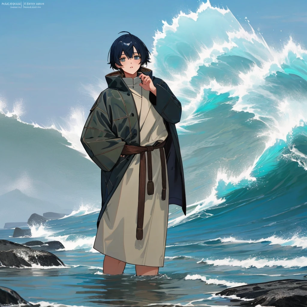 a selkie boy with beautiful detailed eyes, webbed hands, and a shimmering seal tail, standing on a rocky shore with crashing waves(best quality,ultra-detailed), wearing a heavily detailed seal skin coat,