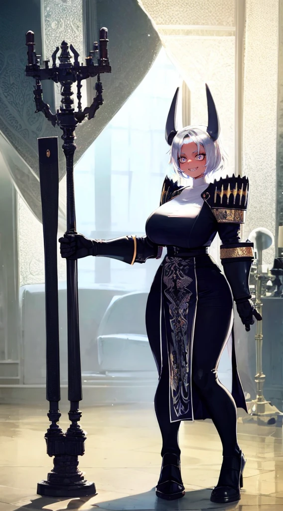nun, demon girl, walking, , warpriesstes, silver hair, short hair, sacred gauntlets, long ski, cute smile, pure smile, love smile,,veillong skirt, pantyhose, staff holding, armor, gloves, standing, full body,sharpteeth,standing, full body, happy, joyfull