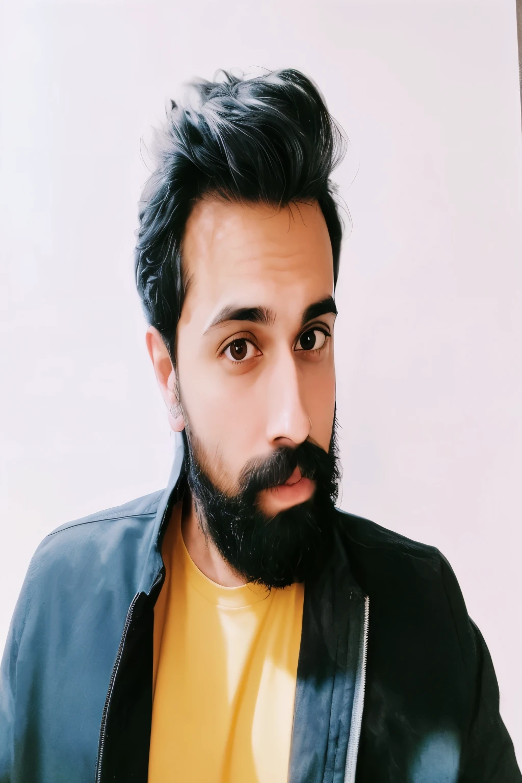 there a man with a beard and a yellow shirt, headshot profile picture, portait photo profile picture, with a small beard, without beard, very very low quality picture, portrait shot 8 k, taken with sony alpha 9, 8k selfie photograph, shot on nikon z9, professional profile picture, without beard and mustache, a portrait of rahul kohli