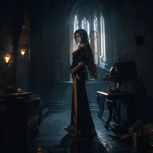 Create a scene involving a mysterious female character standing before an imposing gothic castle, bathed in the mystical light of a full moon