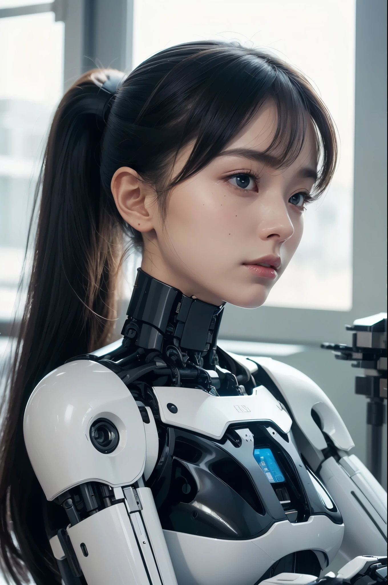 masterpiece, best quality, extremely detailed, (8K, 4K, Best Quality, hight resolution, 超A high resolution:1.1), 8K portrait,1girl in, Japaese android girl,ager android ,Plump , control panels,android,Droid,Mechanical Hand, Robot arms and legs, Black hair,Mechanical body,Blunt bangs,White Robotics Parts,perfect robot woman,Charging spot,Long Tube,A thick cable was connected to her neck,ceramic body ,android,robot humanoid,a bit chubby,panty,full eyes,perfect mechanical body,white robotics body,future assembly plant,white body,She has repaired,black sponge joints,dark black leggings,android assembly plant,android,laboratory,perfect machine body,white robot body,perfect cyborg girl,low ponytail(low ponytail:1.4)