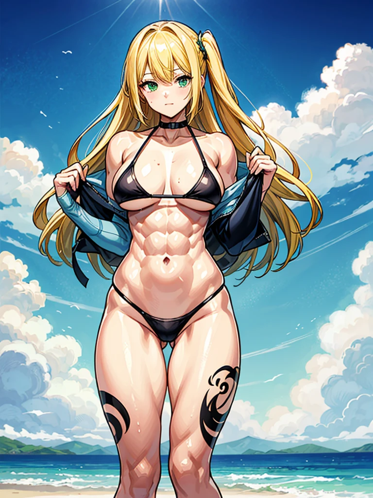 (((masterpiece、Highest image quality、highest quality、highly detailed unity 8kwallpaper)))、((Illustration of one girl))、(((beautiful girl)))、((blonde、two side up:1.4、sidelocks:1.6、green eyes))、(((stocky build:1.5, thickset physique:1.6, muscular legs, broad shoulders:1.6, solid chest:1.5)))、swimsuit、sandy beach
