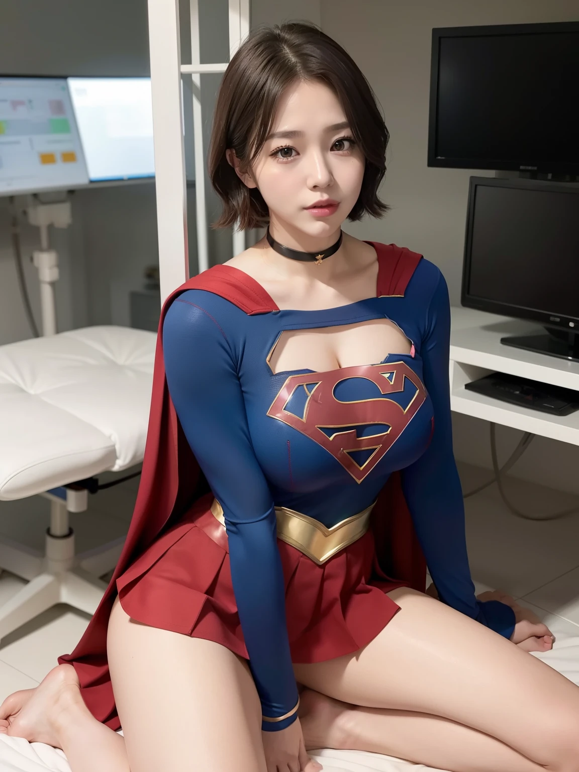 masterpiece,Supergirl costumes, short hair, barefoot, big and full breasts,operating room、operating table、straddle、corrupted、shiny、look at the camera、Seduce、choker、long sleeve、Red miniskirt
