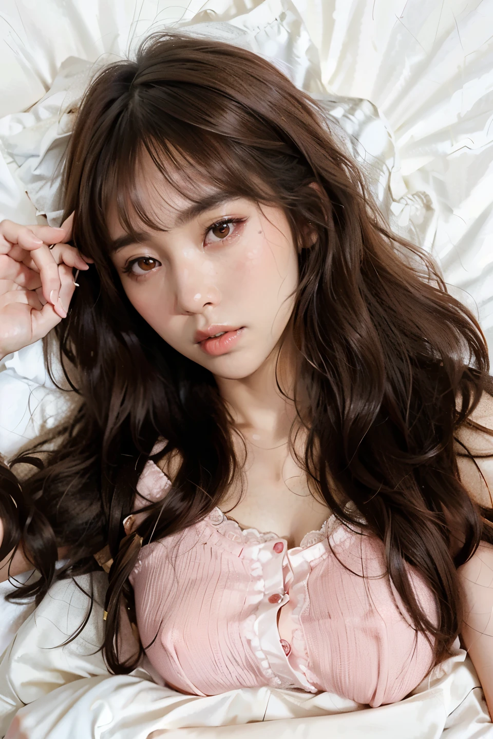 araffe asian woman laying in bed with white sheets and a pink top, ulzzang, gorgeous young korean woman, korean girl, beautiful young korean woman, beautiful south korean woman, long hair with full bangs, long hair with bangs, young adorable korean face, brown long hair with bangs, neat hair with bangs, popular south korean makeup