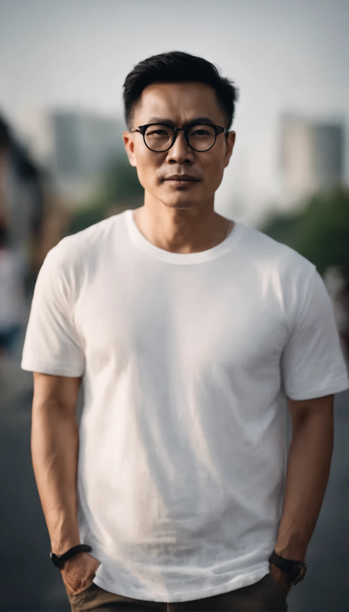 Portrait of an Asian man wearing eyeglasses with white cotton t shirt