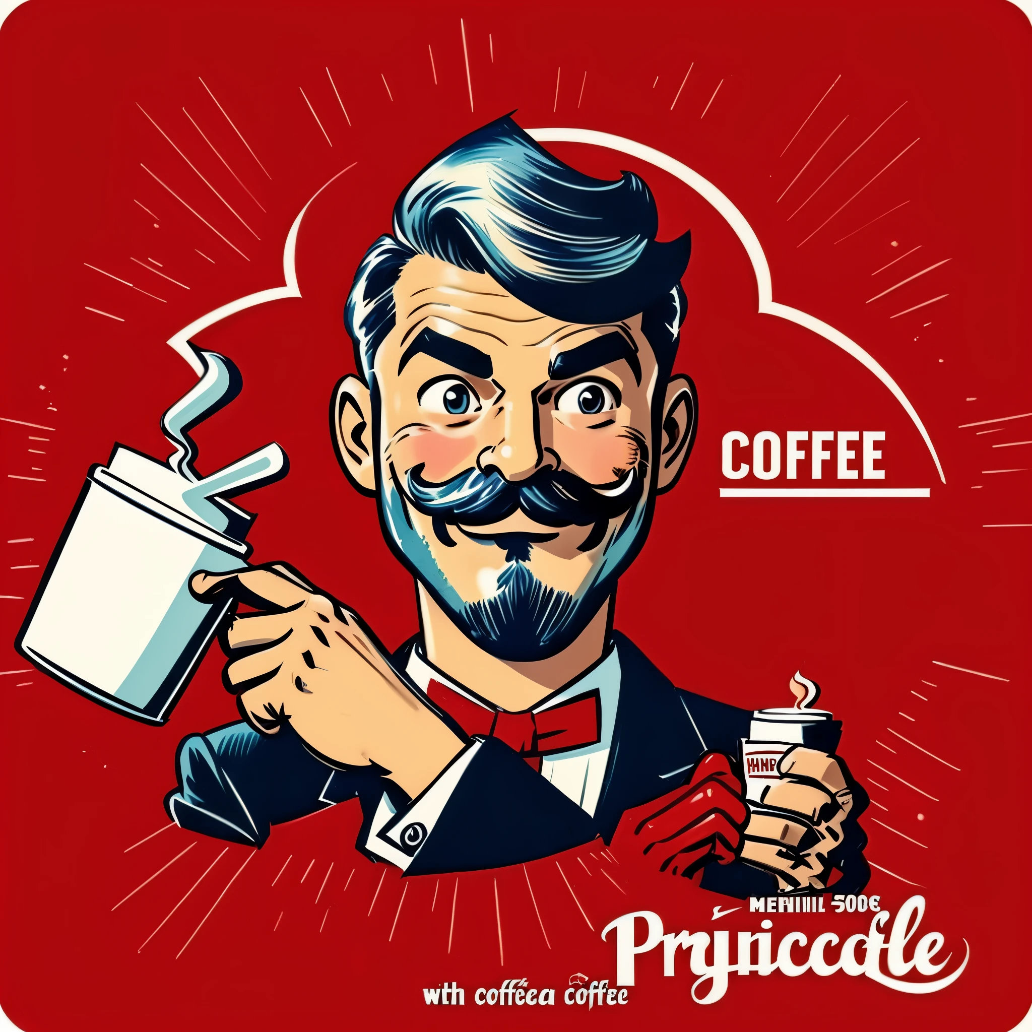 painting of a man holding a cup of coffee with a smile on his face, portrait of morning coffee, h3h3, drinking a coffee, on a red background, drinking coffee, drinking a cup of coffee, drink more coffee, cartoonish and simplistic retro vintage, moustache, beard, barbicha, hand realistic, suit realist, beard and moustache, barba e bigode, barbicha, barba no queixo, propaganda years 50, 60, 70, 80, realistic hand, realistic suit, realistic eyes, cabelo penteado para trás