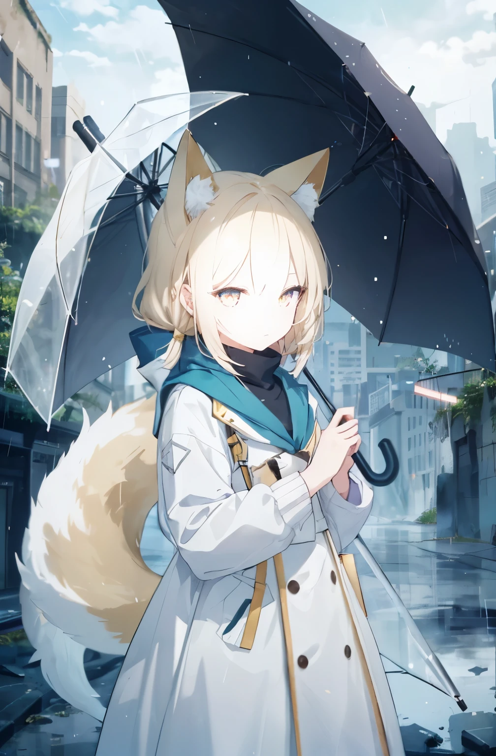 female handemale small hands,Holding an umbrella in the left hand,Holding an umbrella in the left hand,Normal fingers,Normal human fingers,Standing sideways among the ruins of the city on a rainy night,female face,Arknights style,golden eyes,Golden vertical pupils,Gloomy tones,No lighting on the face