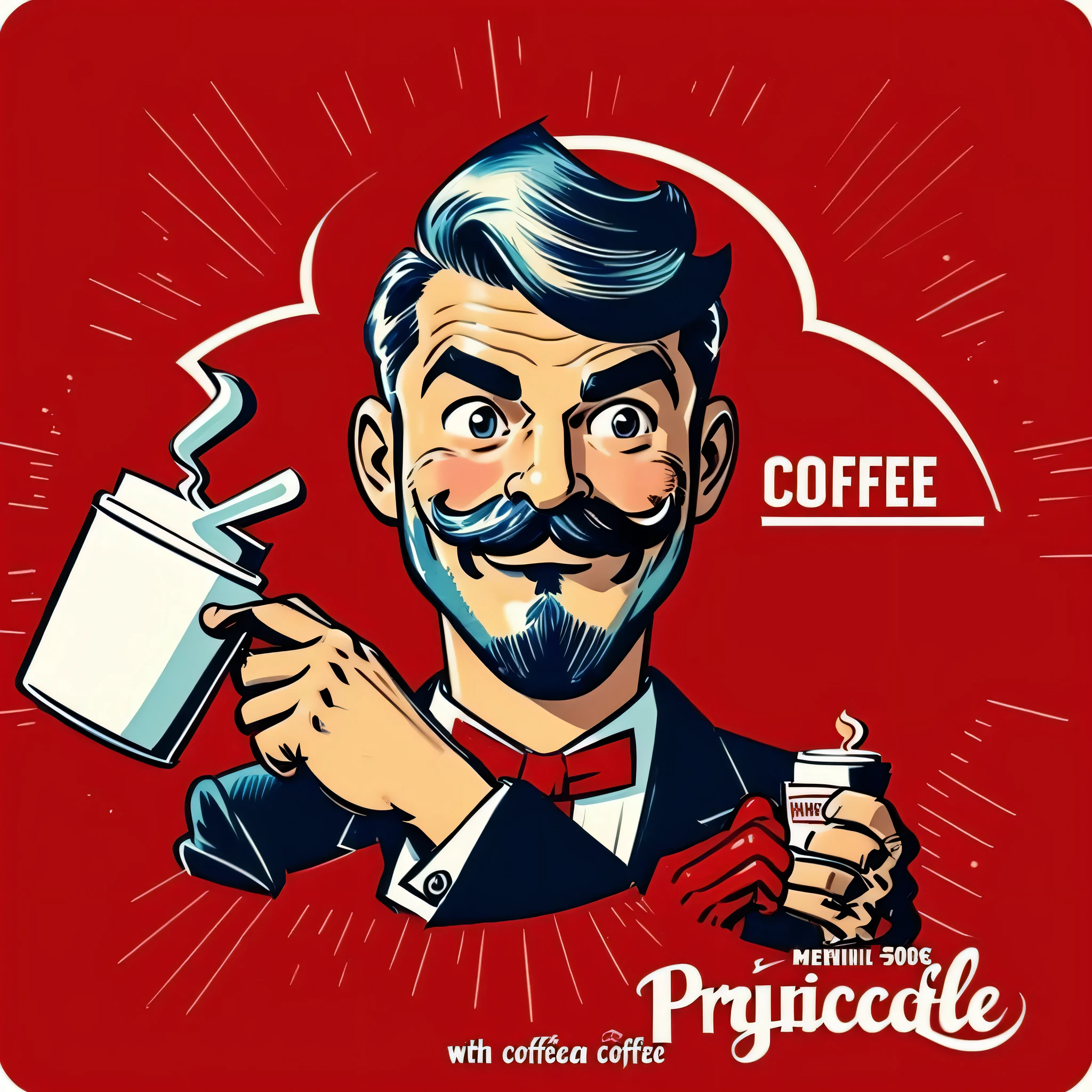 painting of a man holding a cup of coffee with a smile on his face, breakfast portrait, H3H3, having a coffee, em um fundo vermelho, drinking coffee, having a cup of coffee, drink more coffee, cartoonish and simplistic retro vintage, bigode, barba, barbicha, realistic hand, terno realista, barba and bigode, barba e bigode, barbicha, barba no queixo, anos de propaganda 50, 60, 70, 80, realistic hand, terno realista, olhos realistas, hair slicked back