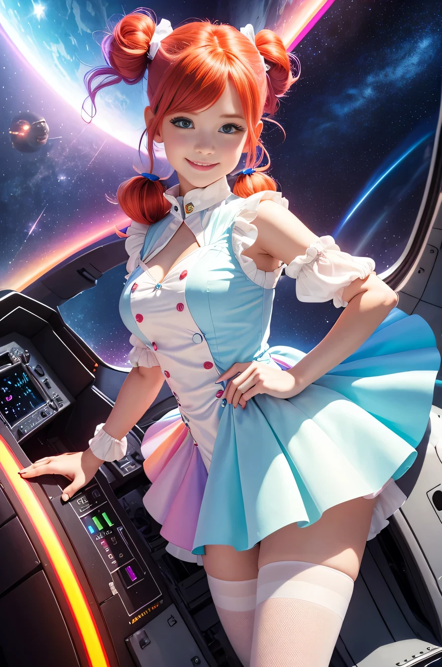 Cute redhead with rainbow colored hair tips, ribbons in her hair, 18-year-old woman, happy, smiling, in twin tails, perfect eyes, clear sparkling blue eyes, pale skin, silky smooth skin, flying a fancy metal luxurious space ship, futuristic cockpit, she's a pilot, outer space, stars in background, dark warm lighting, wearing a futuristic party dress, pleated (chemise) mini dress (pastel rainbow colors, and polka dots), puffy sleeves, silk, wearing full body pantyhose, cute short cut bootie