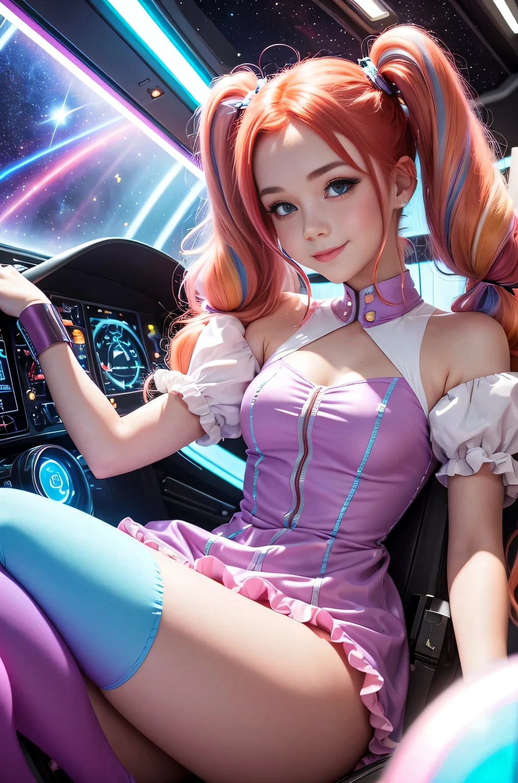 Cute redhead with rainbow colored hair tips, ribbons in her hair, 18-year-old woman, happy, smiling, in twin tails, perfect eyes, clear sparkling blue eyes, pale skin, silky smooth skin, flying a fancy metal luxurious space ship, futuristic cockpit, she's a pilot, outer space, stars in background, dark warm lighting, wearing a futuristic party dress, pleated (chemise) mini dress (pastel rainbow colors, and polka dots), puffy sleeves, silk, wearing full body pantyhose, cute short cut bootie