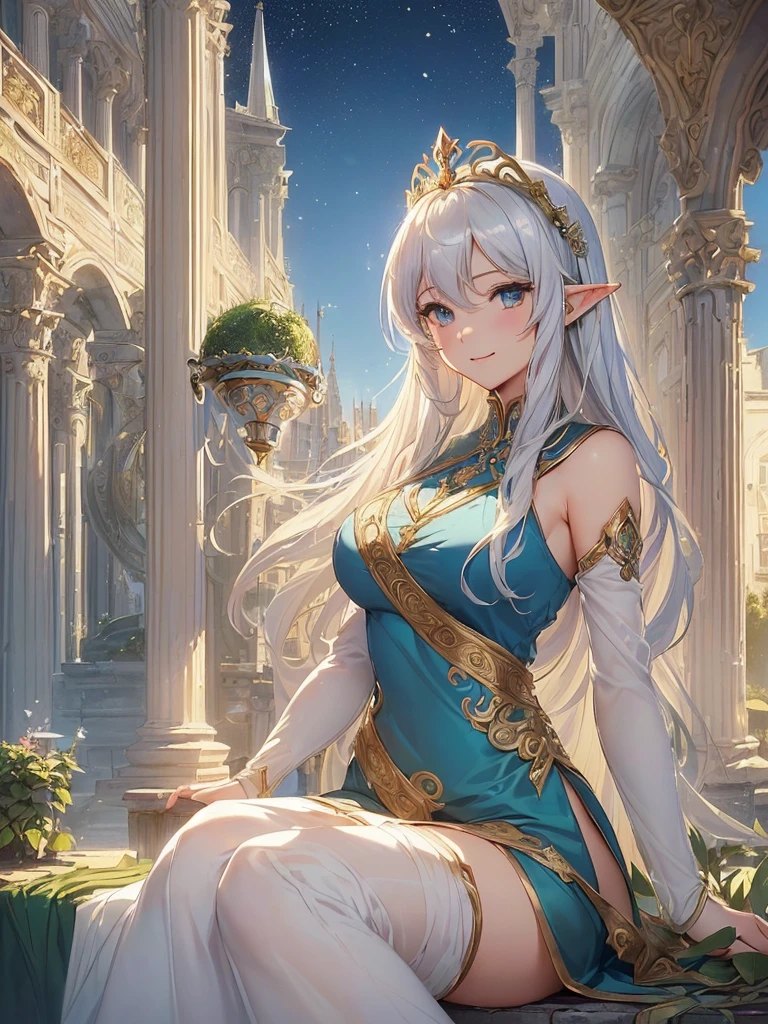 highest quality、Highest image quality、But Tarpeace、Two super beautiful elf beauties who are close friends((24-years-old、vest bust、big bust、bust 90,beautiful long ironed hair、silver hair、blonde、globe、Sexy means、、slender、Close-up、Esbian、beautiful tiara、High quality、beautiful art、background spectacular scenery、great work、visual art、Depth of bounds written、blue sky、elf ears、、magic of light、space knight、harp melody🎵、A happy smile、gentle light、、Beautiful legs that are gentle on the skin、、、Number of fingers to achieve precise finger movements、ticker beautiful decoration、elegant、mystical　marble columns, beautiful dressy、byzantine art、art nouveau、temple of time、sundial、、A sexy is 1.3,Renaissance painting、Raphael&#39;s paintings、golden ratio、garden、winter、snow、Forest、forest、beautiful dress、Low - Angle、Close-up、、beautiful nature 1.8
