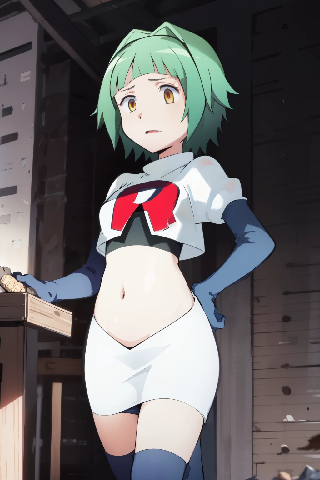 ultra high res, best quality, masterpiece, 1girl, KaedeKayanoR4, green hair, yellow eyeackground,short hair, team rocket,team rocket uniform, red letter R, white skirt,white crop top,black thigh-highs,black elbow gloves