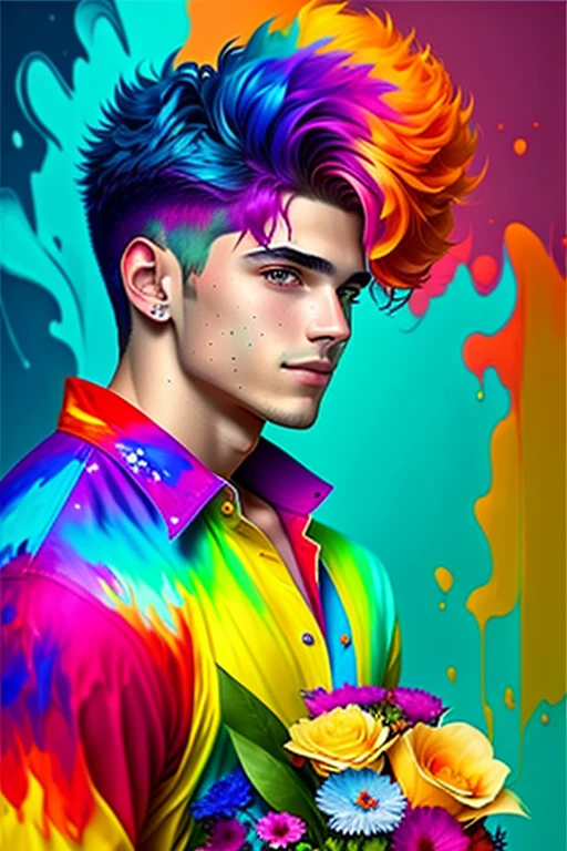 Handsome 19-year-old boy with a bouquet of flowers in his hands! The magic of creating masterpieces in portrait art ! All the colors of paint poured onto the canvas magically move and mix, turning into a stunningly beautiful portrait ! thick . bright and contrasting colors simply blow our minds . our imagination - creating a masterpiece in the style of Alberto Seveso !!