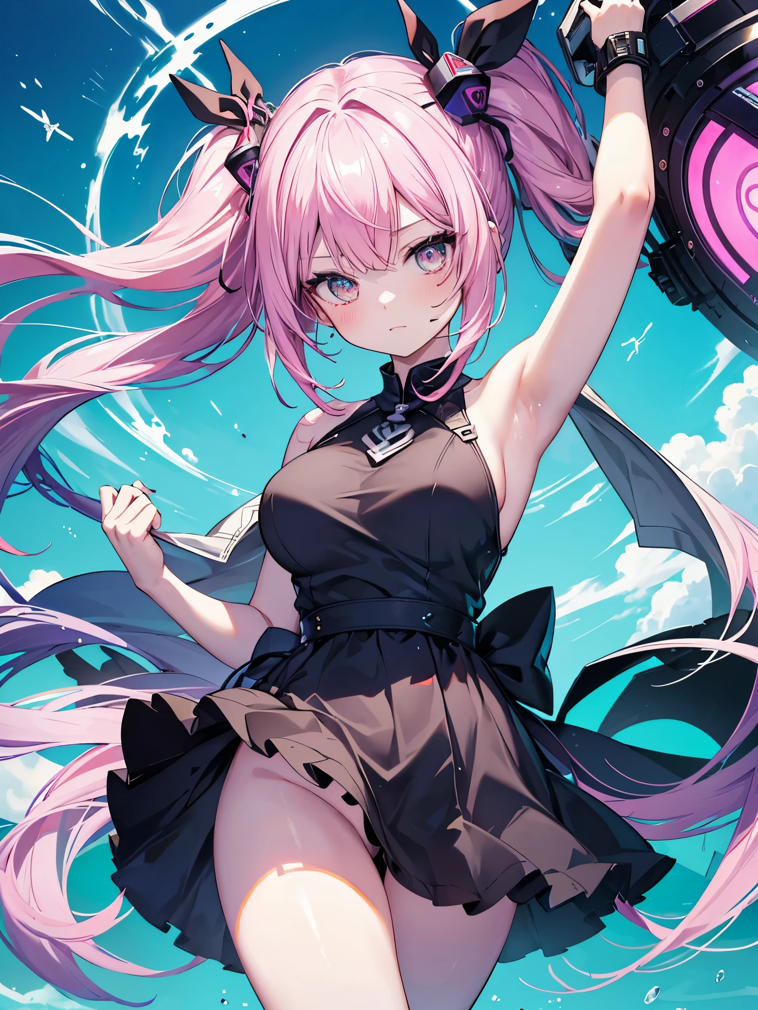 ((best quality)), ((muste piece)), (detailed breasts), Black Bikini, Hikari kanji text, 1girl best quality, People photography, Super detailed, Pretty face, perfect anatomy, soil, pale skin, Huge pink green hair , perfect hair, bangs, The eyes are, student, perfect outfit, weapons, Hands, thick legs, big thighs, possession, Blue background, Fortnite,womb tattoos,glowing skin