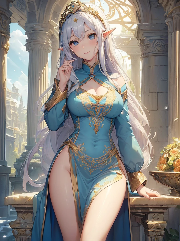 highest quality、Highest image quality、But Tarpeace、Two super beautiful elf beauties who are close friends((24-years-old、vest bust、big bust、bust 90,beautiful long ironed hair、silver hair、blonde、globe、Sexy means、、slender、Close-up、Esbian、beautiful tiara、High quality、beautiful art、background spectacular scenery、great work、visual art、Depth of bounds written、blue sky、elf ears、、magic of light、space knight、harp melody🎵、A happy smile、gentle light、、Beautiful legs that are gentle on the skin、、、Number of fingers to achieve precise finger movements、ticker beautiful decoration、elegant、mystical　marble columns, beautiful dressy、byzantine art、art nouveau、temple of time、sundial、、A sexy is 1.3,Renaissance painting、Raphael&#39;s paintings、golden ratio、garden、winter、snow、Forest、forest、beautiful dress、Low - Angle、Close-up、、beautiful nature 1.8
