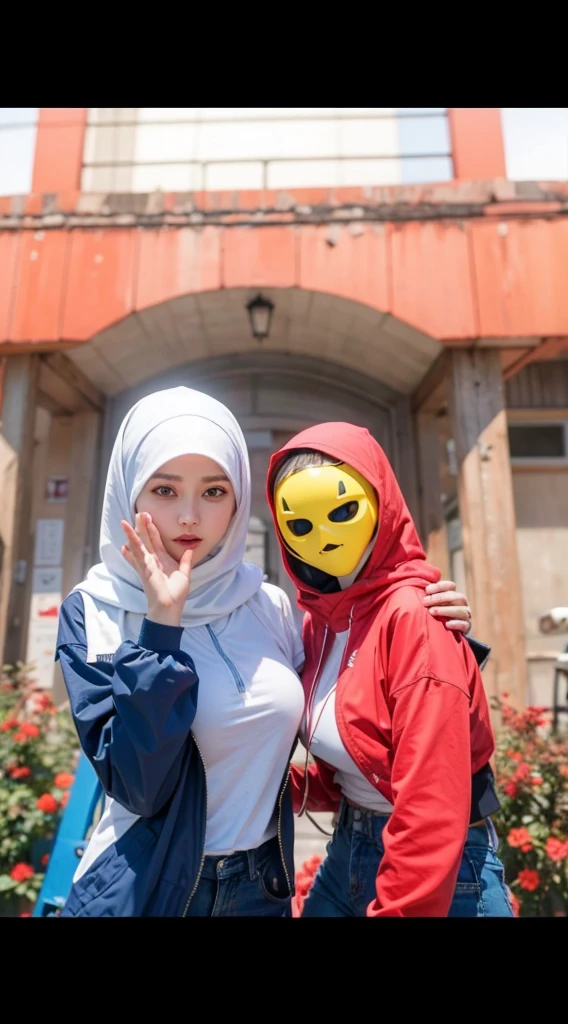 8k RAW photos,2 girls,white hijab,blue shirt, red unzip shirt with big side boobs,big round breast,black pants,yellow mask