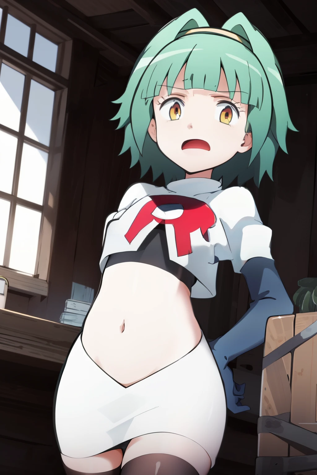 ultra high res, best quality, masterpiece, 1girl, KaedeKayanoR4, green hair, yellow eyeackground,short hair, team rocket,team rocket uniform, red letter R, white skirt,white crop top,black thigh-highs,black elbow gloves