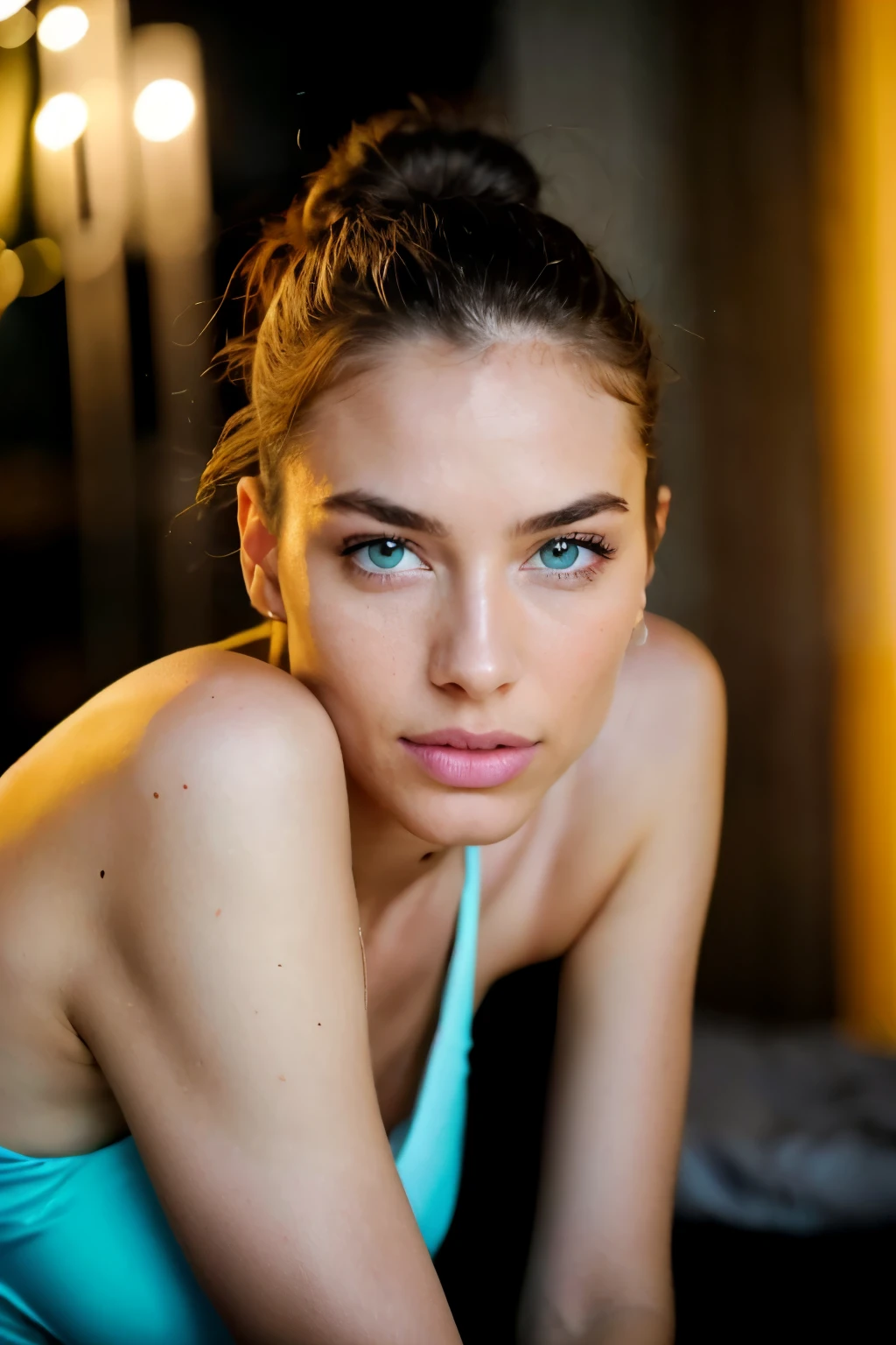 a photograph of an astonishing beautiful woman (jessicabiel:gal gadot:0.5) naked, looking at the camera, highlighted bun hair, pale turquoise eye, hourglass figure, perfect body, diffused candlelights background, long shot, asymmetric, rim lighting, studio lighting, dslr, ultra quality, sharp focus, tack sharp, dof, highly detailed glossy eyes, high detailed skin, skin pores, best quality, high quality, highres, detail enhancement, humid, overcast, artificial lights, detailed face and eyes, higly detailed skin, 8k uhd, sharp focus, professional, best quality