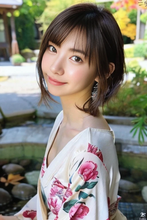 (realistic:1.3), rembrandt&#39;light masterpiece:1.2), (photorealistic:1.2), (highest quality), (fine skin:1.3), (intricate details), ray tracing,1 girl, japanese girl, 21 years old, fine skin texture, (blush:0.5), Scattered under the water, smile, updo hair, bangs, hair between eyes, hair ornaments, kimono, Floral, Wearing edgJF_kimono, Seiza (bright sunny day, autumn setting, autumn tree々And leaves, (zen garden:1.2)