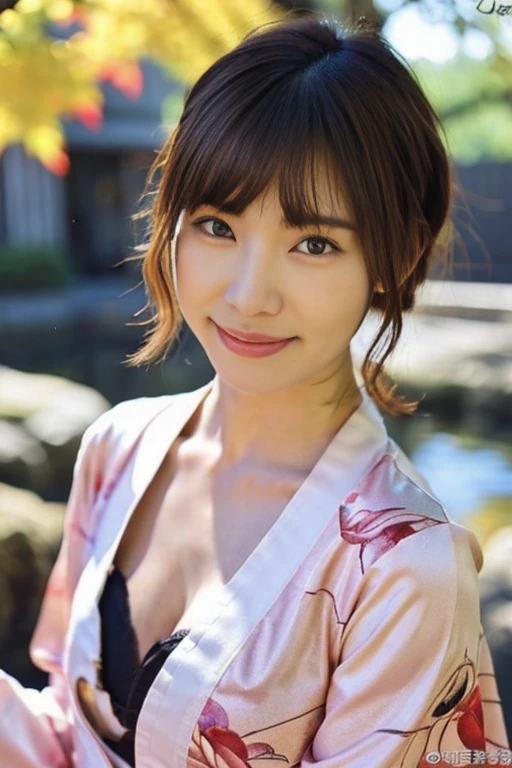 (realistic:1.3), rembrandt&#39;light masterpiece:1.2), (photorealistic:1.2), (highest quality), (fine skin:1.3), (intricate details), ray tracing,1 girl, japanese girl, 21 years old, fine skin texture, (blush:0.5), Scattered under the water, smile, updo hair, bangs, hair between eyes, hair ornaments, kimono, Floral, Wearing edgJF_kimono, Seiza (bright sunny day, autumn setting, autumn tree々And leaves, (zen garden:1.2)