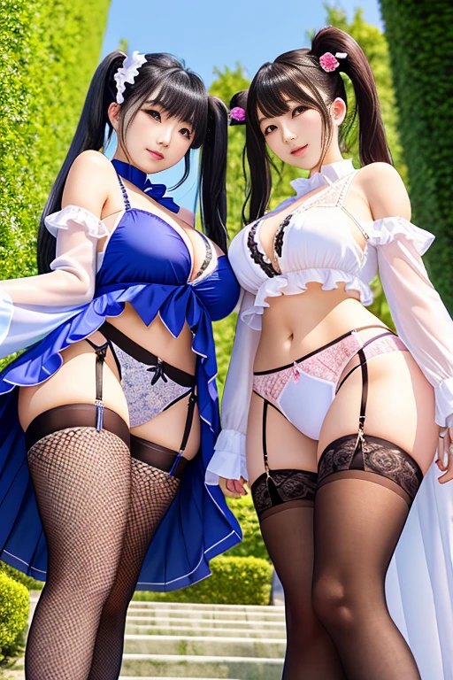 Two college girls、blouse that clings to the skin、transparent blouse、big breasts、アニメbig breasts、underboob、underboob:1.9、obscenely large breasts、Voluminous bun-shaped twin tails、smile、white fishnet tights、full body shot、focus on crotch、show off panties、show off your panties、angle from below、Seductive panties with detailed decoration、put your hands behind your head、bold spread legs、beautiful eyes、long eyelashes、walk through the rose garden、three maidens:1.9