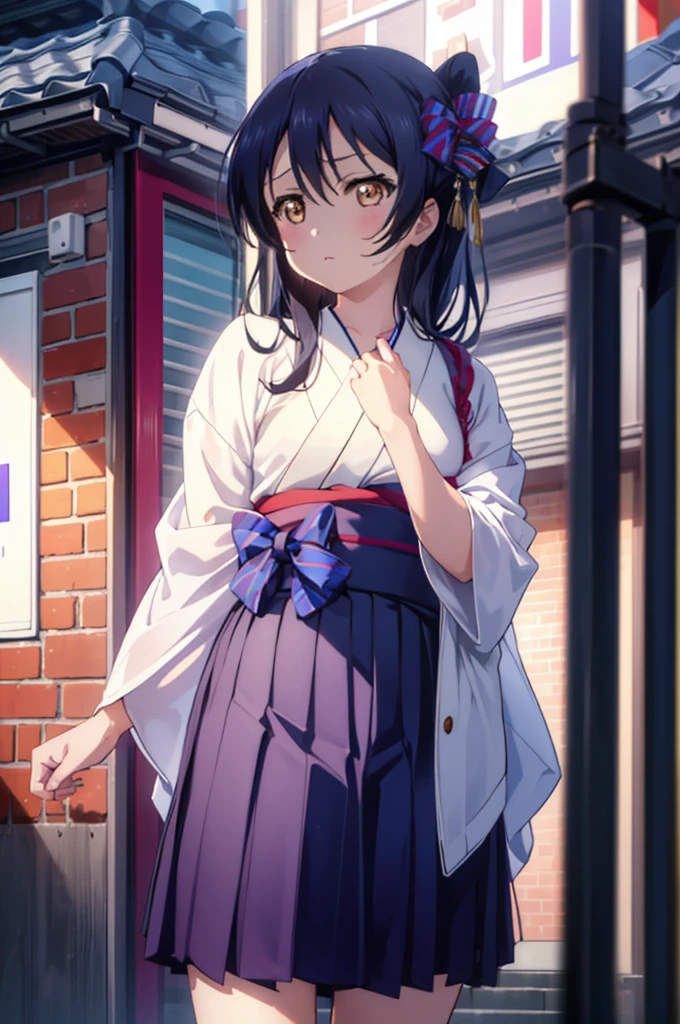 (((pixel perfect, detail perfect))), alone, 1 girl, Umi Sonoda,  Kimono, white Kimono, Hakama skirt, black skirt, single glove, partially fingerless gloves，Hold the bow,serious,Kyudojo,