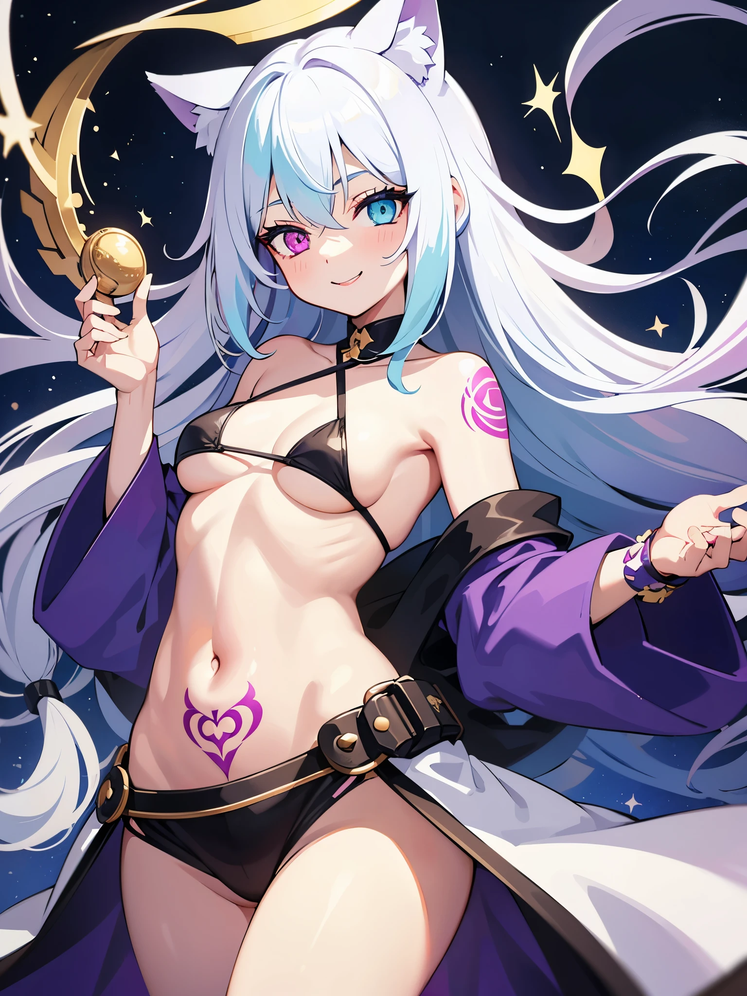 young girl, long white hair, cat ears, heterochromia, Blue left eye, Right eye purple, Cyan Robe, no sleeves, tattoo, open belly, side , shy smile, muste piece, High quality