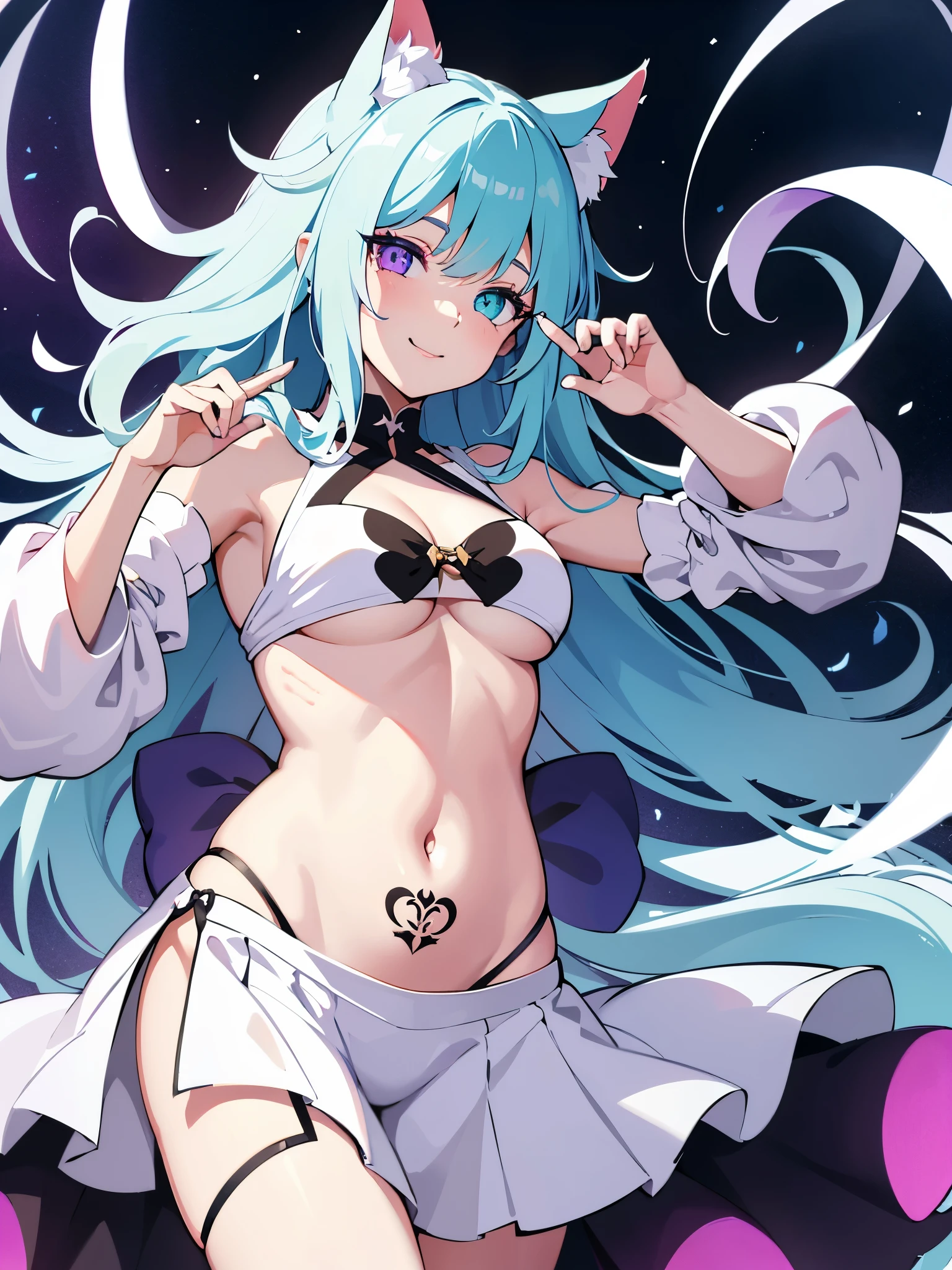 young girl, long white hair, cat ears, heterochromia, Blue left eye, Right eye purple, Cyan Robe, no sleeves, tattoo, open belly, side boob, shy smile, muste piece, High quality