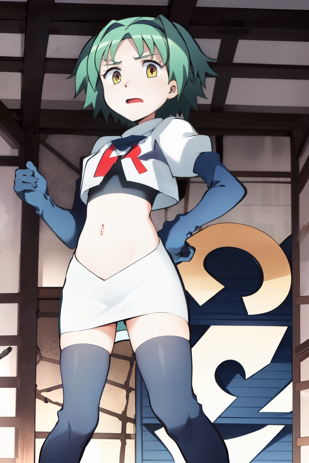 ultra high res, best quality, masterpiece, 1girl, KaedeKayanoR4, green hair, yellow eyeackground,short hair, team rocket,team rocket uniform, red letter R, white skirt,white crop top,black thigh-highs,black elbow gloves
