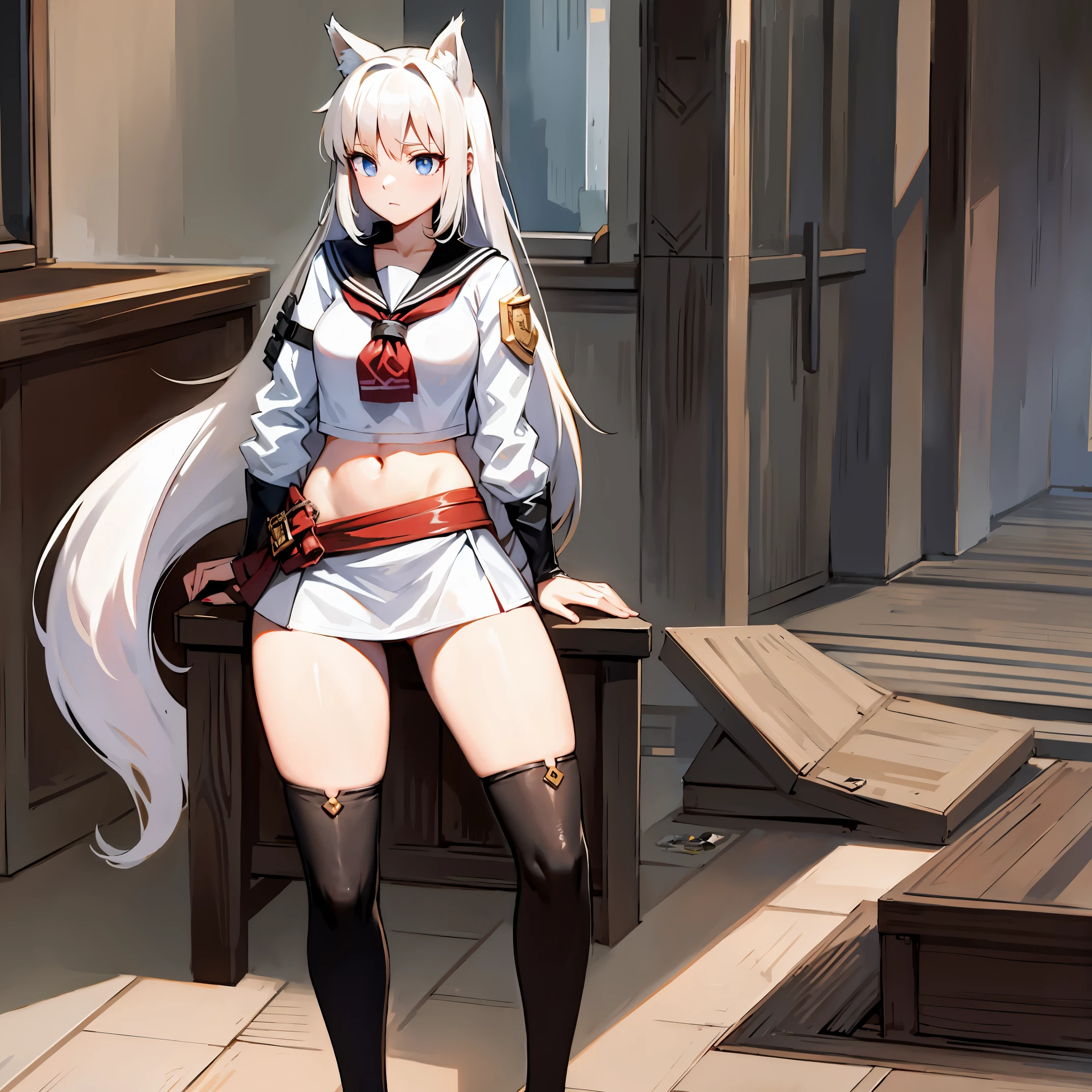 8k, resolution, high quality, high resolution, best quality, extremally detailed, best resolution, absurd resolution, ray tracing, high detailed, masterpiece, extremely detailed,shoulder length white hair, female,2 white wolf ears, teenage girl, slim body, white scale dragon tail,black boots,black leggings, navel blue school skirt, sailor shirt, white jacket, medium size chest, detailed blue eyes, detailed beautiful face,solo female,1 dragon tail, detailed eyes, tomboyish