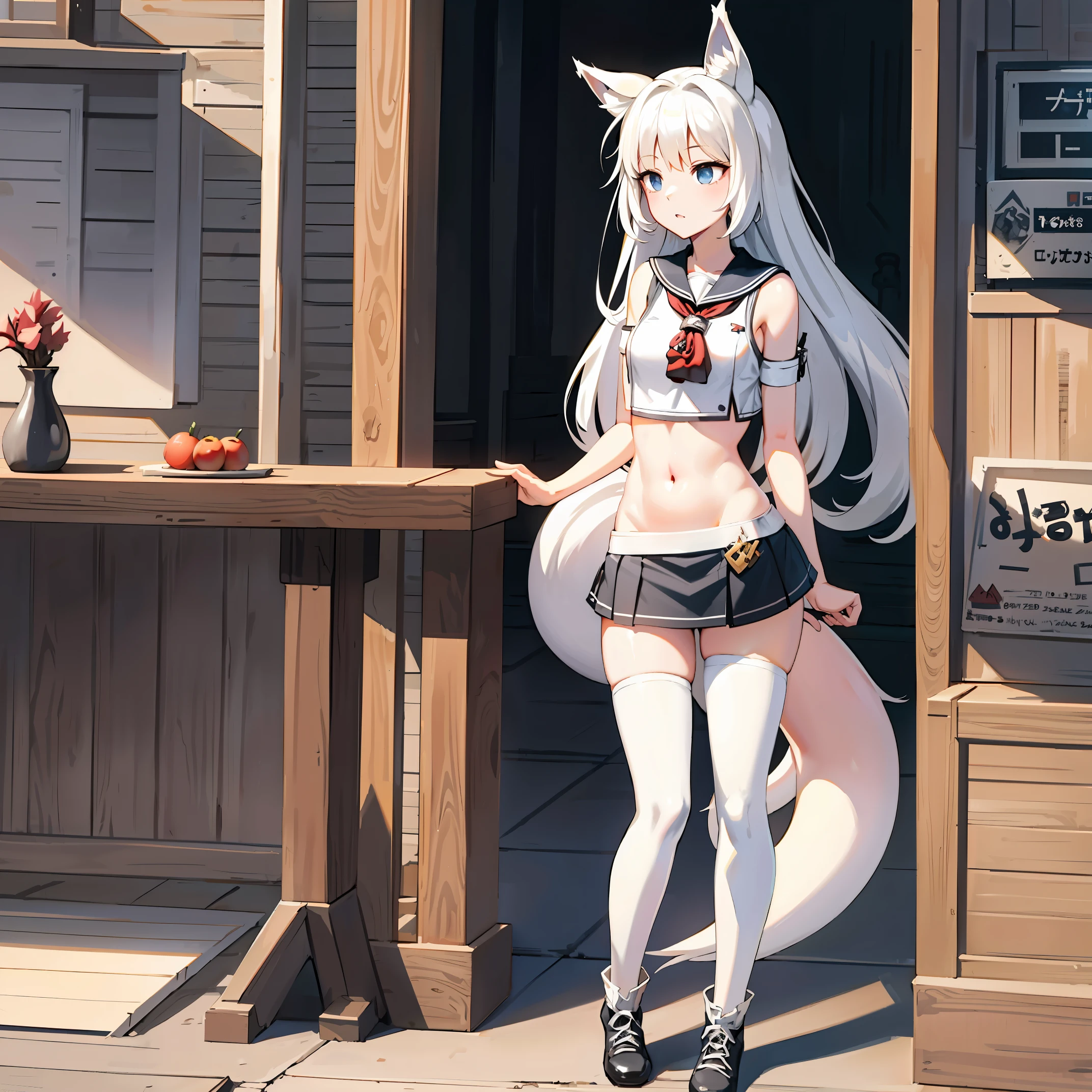 8k, resolution, high quality, high resolution, best quality, extremally detailed, best resolution, absurd resolution, ray tracing, high detailed, masterpiece, extremely detailed,shoulder length white hair, female,2 white wolf ears, teenage girl, slim body, white scale dragon tail,black boots,black leggings, navel blue school skirt, sailor shirt, white jacket, medium size chest, detailed blue eyes, detailed beautiful face,solo female,1 dragon tail, detailed eyes, tomboyish