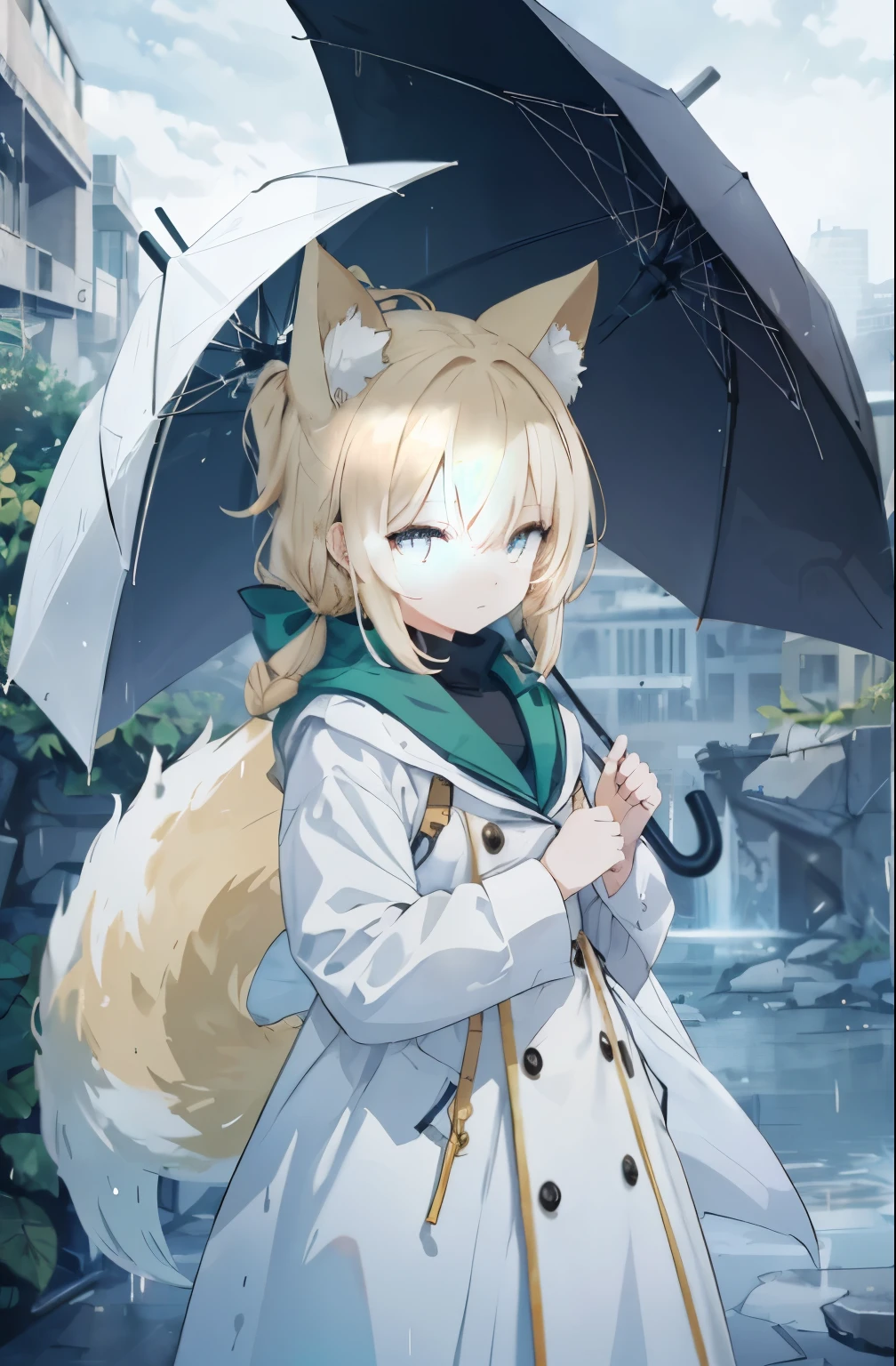 female handemale small hands,Holding an umbrella in the left hand,Holding an umbrella in the left hand,female handemale small hands,Holding an umbrella in the left hand,Holding an umbrella in the left hand,Normal fingers,Normal human fingers,Standing sideways among the ruins of the city on a rainy night,female face,Arknights style,golden eyes,Golden vertical pupils,Gloomy tones,No lighting on the face,Standing sideways among the ruins of the city on a rainy night