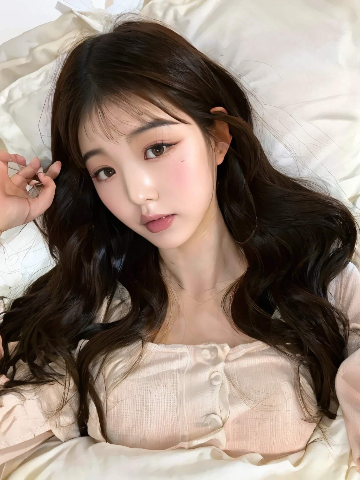 araffe asian woman laying in bed with white sheets and a pink top, ulzzang, gorgeous young korean woman, korean girl, beautiful young korean woman, long hair with full bangs, beautiful south korean woman, long hair with bangs, young adorable korean face, brown long hair with bangs, neat hair with bangs, popular south korean makeup