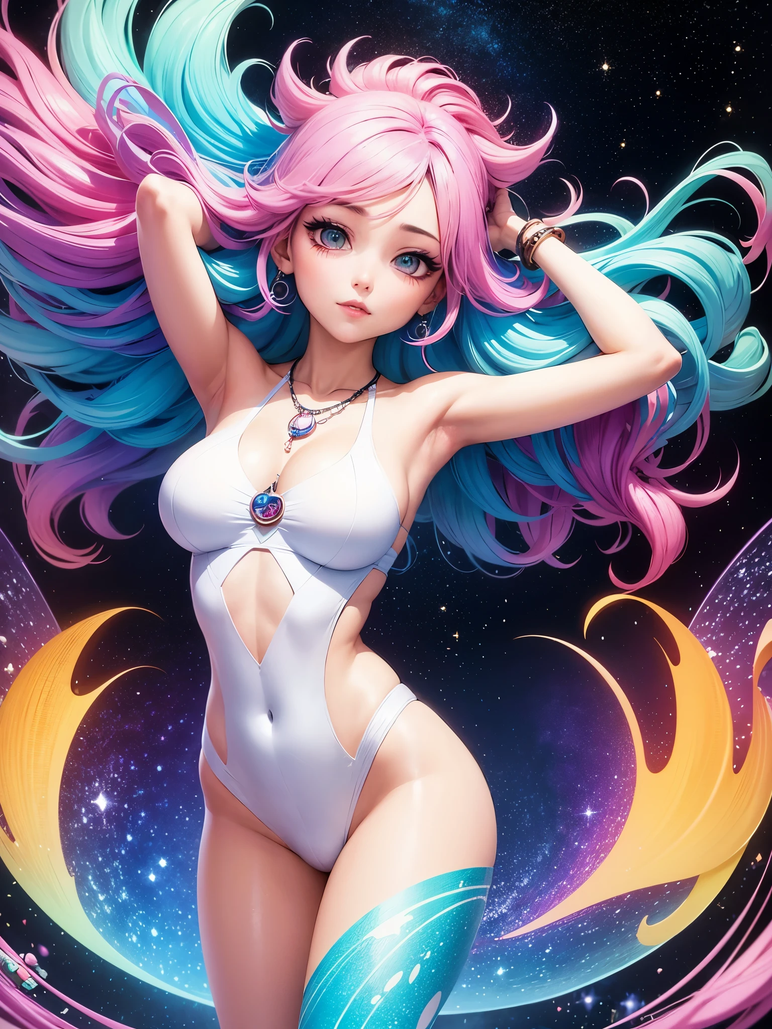 Close-up of a woman with colorful hair and necklace, anime girl with cosmic hair, The soft vibrancy of Ross Dres, Gviz-inspired artwork, fantasy art style, colorful], vibrant fantasy style, Ross Draw's energetic cartoon, cosmic and colorful, Gwythe, colorful digital fantasy art, stunning art style, beautiful anime style, white skin, Night Court, hand behind head