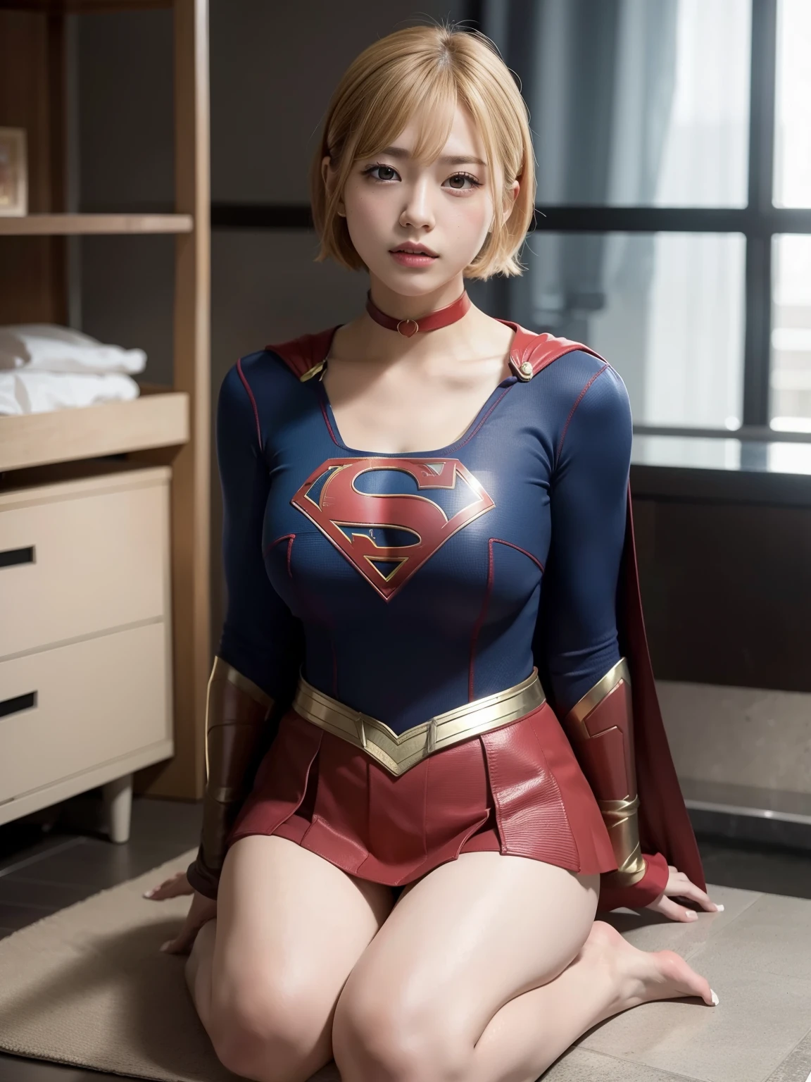 masterpiece、Supergirl costumes、short hair、barefoot、big and full breasts、research facility、operating table、straddle、corrupted、shiny、look at the camera、Seduce、choker、long sleeve、Red miniskirt