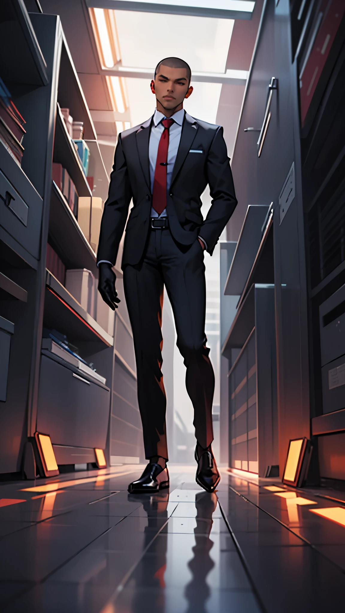 1man, dark skin, red eyes, buzz cut, plain black business jacket, plain white shirt, red tie, red gloves, plain black pants, black shoes, full body view, looking at the viewer, highly detailed, anime, depth of field, reflection light, wide shot, from outside, lineup, high quality