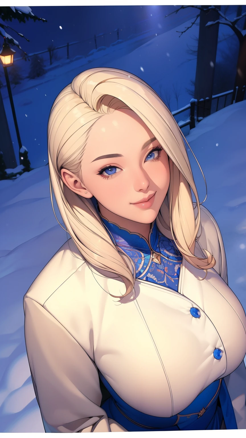 (masterpiece), (best quality), 1girl, (perfect face:1.2), (beautiful face:1.2), platinum blonde hair, (from above, upper body:1.3), happy, light smile, looking at viewer, pose, 
winter coat, outdoors, winter, snow, night time, intricate, depth of field, cinematic lighting,