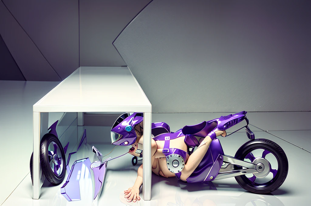 Ultra high resolution, masterpiece, highest quality, extremely detailed raw photograph, close-up,  (half transformation), human motorcycle shiny smooth liquid metal motorcycle hybridization metamorphosis, wearing partial sportsbike costume, inside auto dealership garage, (half human), ((((purple gold)))), ((dripping liquid metal goo partial encasement)), human motorcycle hybrid