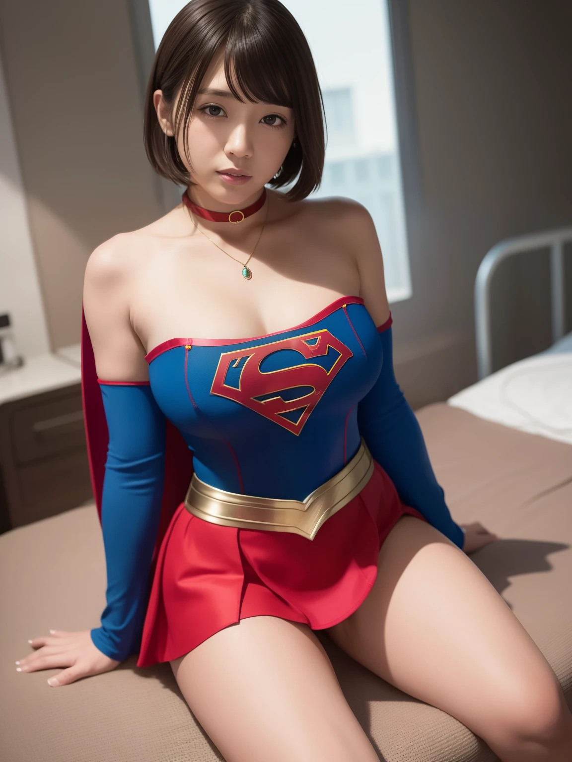 masterpiece、Supergirl costumes、short hair、barefoot、big and full breasts、Intensive care unit、operating table、straddle、corrupted、shiny、look at the camera、Seduce、choker、red mini skirt、long sleeve
