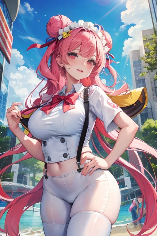 masterpiece、The best、1 female student、White cloth bun bun bun、Shoulder leakage、big breasts、chubby、Smile、White suspenders、lace leggings、light pink lips、posing at school,(Soaked all over),legs are open, solo, White polo shirt, looking at the audience, (Thick thighs:1.0),Yazawa Nico,red eyes, Blushed,Blunt hair,hands on hips,greet,Flower headdress,Large scissorlack hair