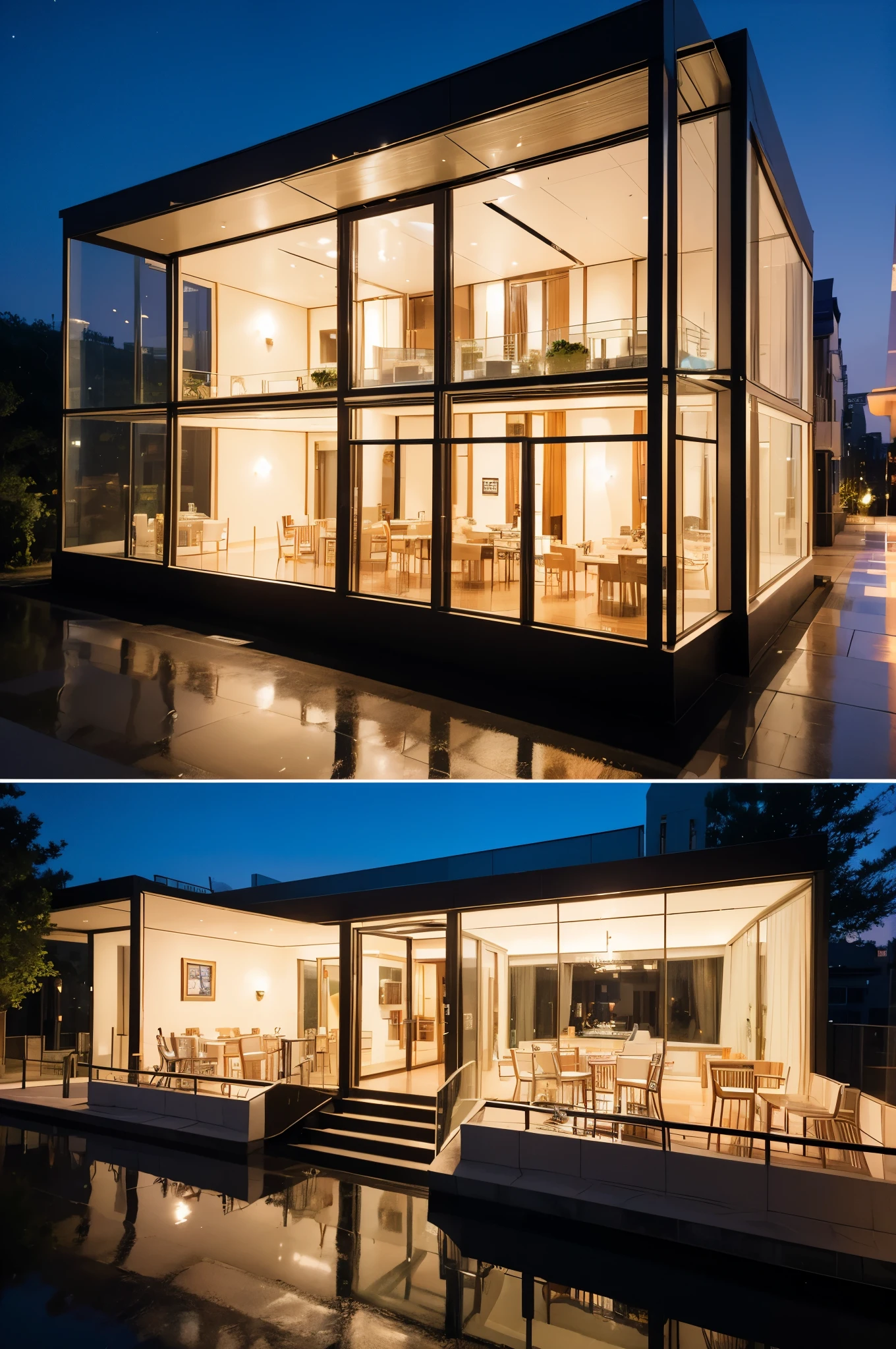 3D diagram;3D dioramas;Glass exterior restaurant;themed restaurant,glass buildings;You can see the inside;Feminine interior style,Sophisticated and stylish;bright。Personalized architecture;artist architecture。