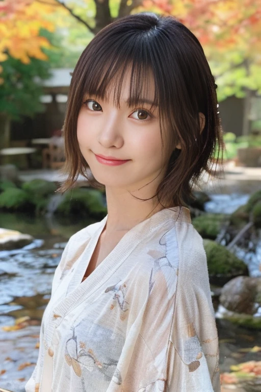(realistic:1.3), rembrandt&#39;light masterpiece:1.2), (photorealistic:1.2), (highest quality), (fine skin:1.3), (intricate details), ray tracing,1 girl, japanese girl, 21 years old, fine skin texture, (blush:0.5), Scattered under the water, smile, updo hair, bangs, hair between eyes, hair ornaments, kimono, Floral, Wearing edgJF_kimono, Seiza (bright sunny day, autumn setting, autumn tree々And leaves, (zen garden:1.2)