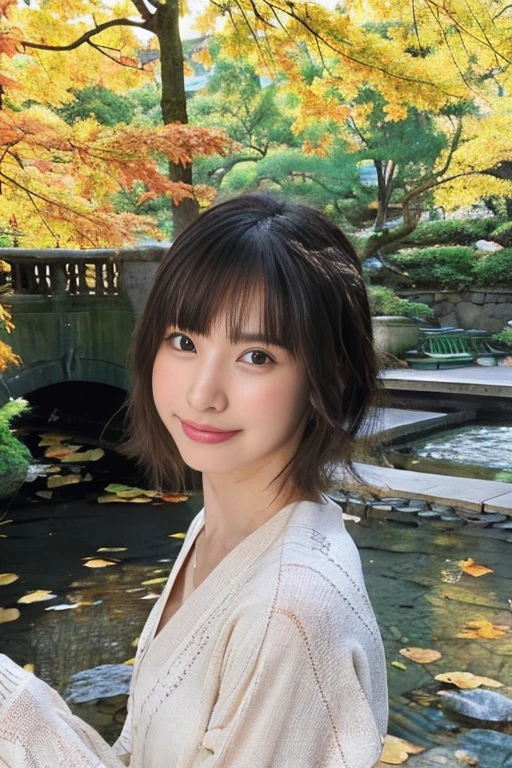 (realistic:1.3), rembrandt'light masterpiece:1.2), (photorealistic:1.2), (highest quality), (fine skin:1.3), (intricate details), ray tracing,1 girl, japanese girl, 21 years old, fine skin texture, (blush:0.5), Scattered under the water, smile, updo hair, bangs, hair between eyes, hair ornaments, kimono, Floral, Wearing edgJF_kimono, Seiza (bright sunny day, autumn setting, autumn tree々And leaves, (zen garden:1.2)