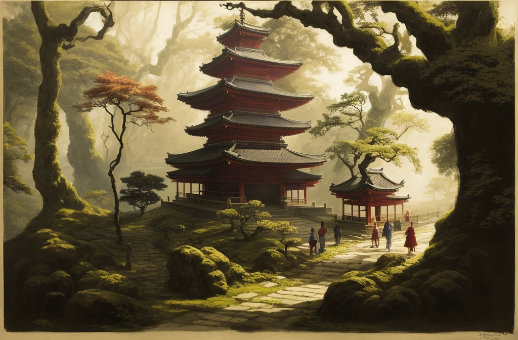 there  a painting of a pagoda in the woods with people walking, inspired by Raphael Lacoste, feudal japan art, makoto sinkai, style of raphael lacoste, andreas rocha style, martin raphael lacoste, akihiko yoshida”, by Torii Kiyomasu, by Andreas Rocha, traditional japanese concept art, by Raphael Lacoste