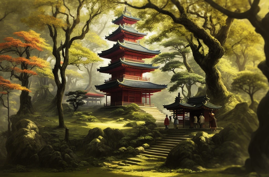 there a painting of a pagoda in the woods with people walking, inspired by Raphael Lacoste, feudal japan art, makoto sinkai, style of raphael lacoste, andreas rocha style, martin raphael lacoste, akihiko yoshida”, by Torii Kiyomasu, by Andreas Rocha, traditional japanese concept art, by Raphael Lacoste