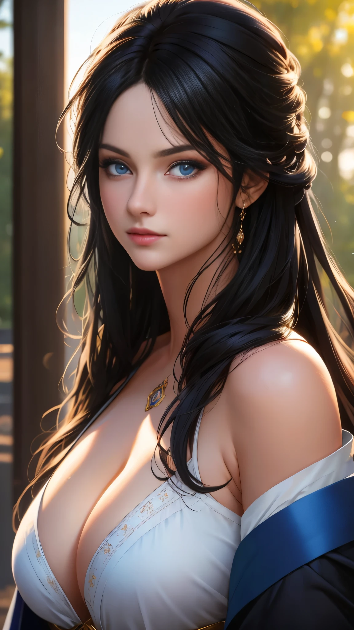 black hair, blue eyes, Hyperrealism, blurry foreground, projected inset, backlighting, 8k, super detail, cleavage, natural perfect breast,