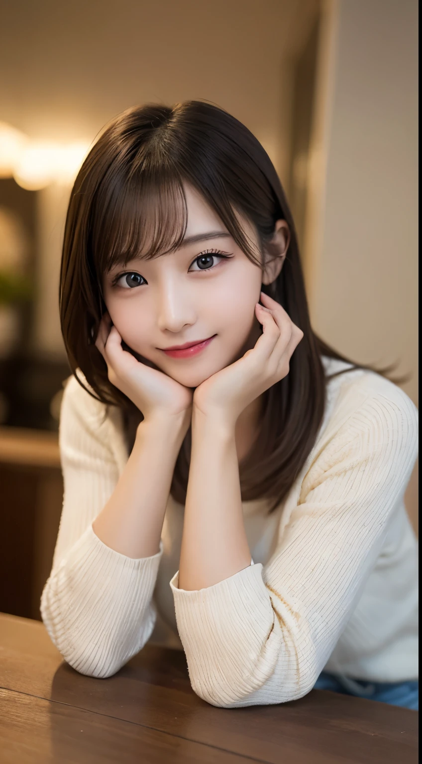 table top, highest quality, figure, super detailed, finely, High resolution, 8k wallpaper, 完璧なダイナミックな構figure, beautiful and fine eyes, Trendy Women's Winter Fashion,straight hair,small breasts natural color lip, sexy pose,luxury home bedroom、20 year old girl、Smile at the camera,background blur