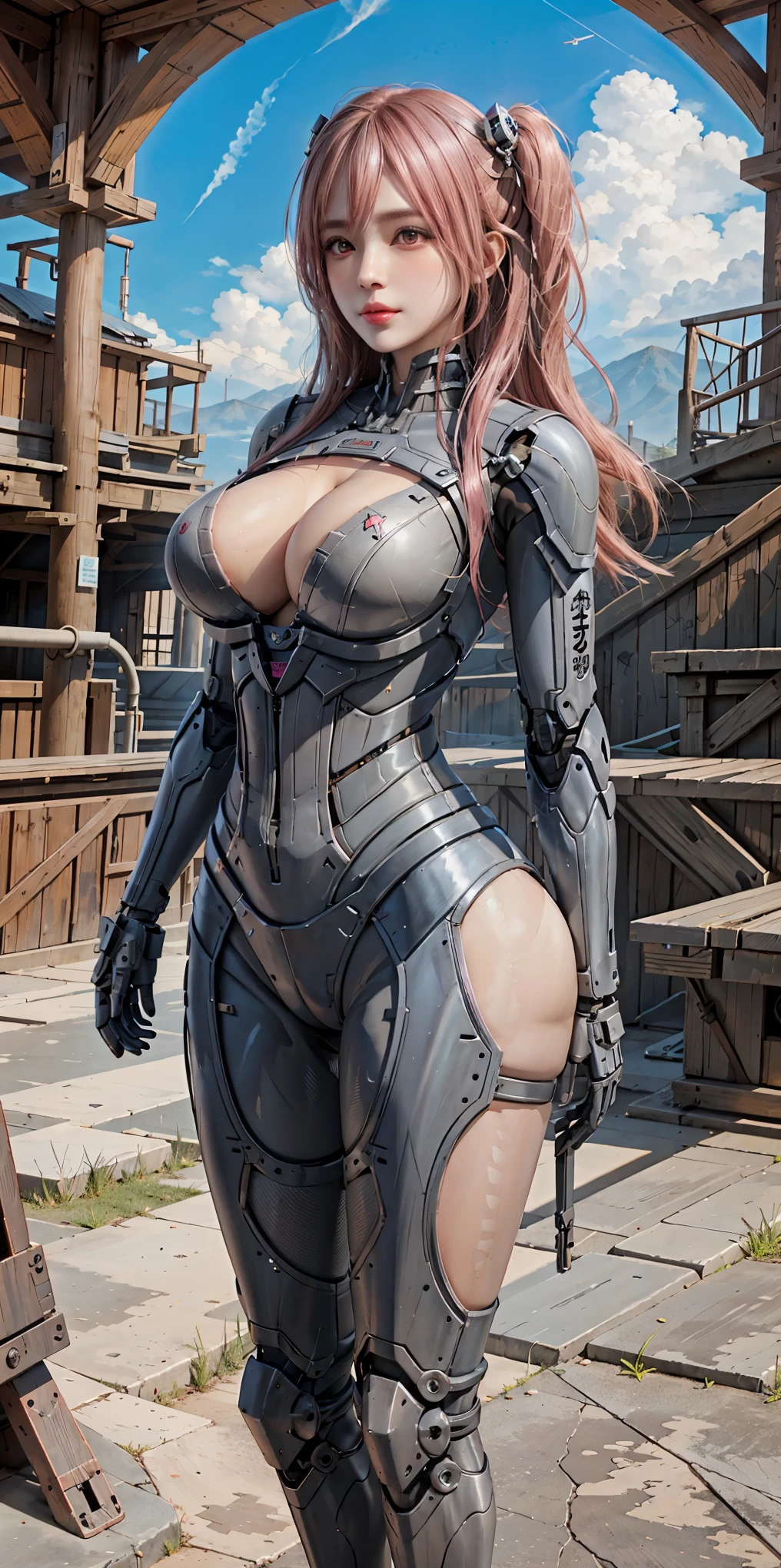 lifelike, high resolution, soft light,1 female,knife， alone, Buttocks up, (Detailed face), machine gun，pink hair, long hair, Mecha Maiden, Mechanical Partig chest，, robot joints, single mechanical arm, hat, Mechanical Halo, very huge boobs，Star Hello, electromechanical body suit, mecha corset, kimono, Full A， huge breastacing the audience，low cut，Facing the audience， very huge tits，， Honoka