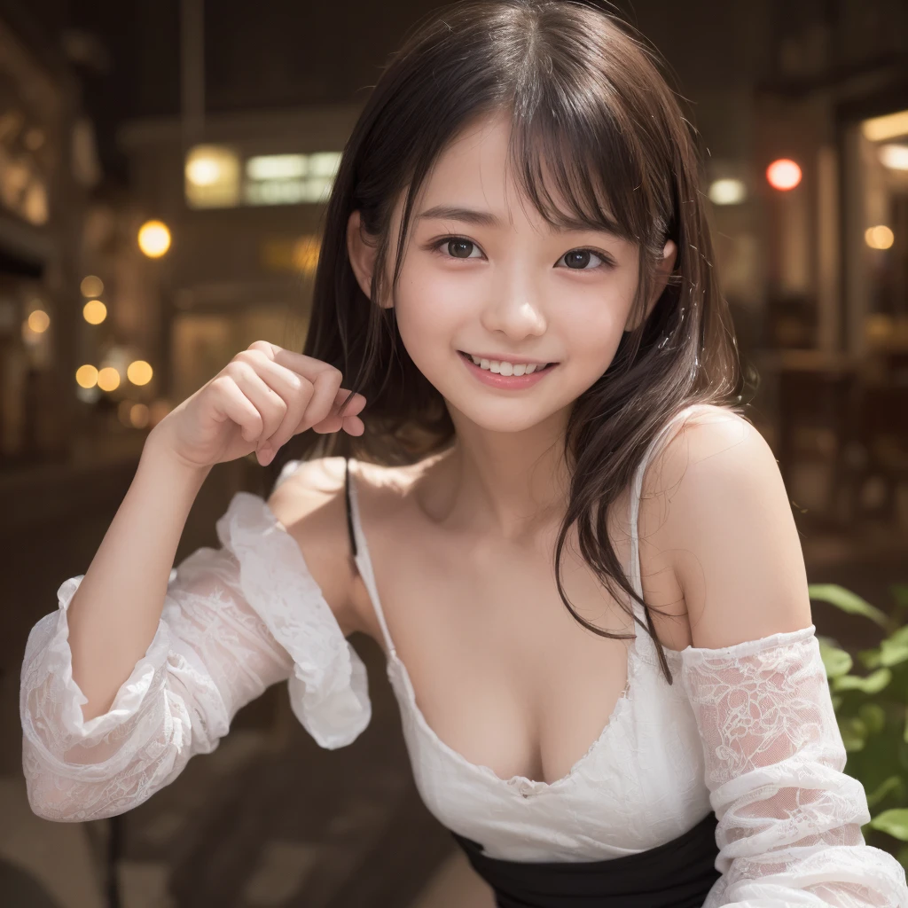 Beautiful, young Japanese teen, black hair, brightly smiling, wearing white lace bra, wearing short pleated miniskirt, wearing white stockings, posing in the style of a Russell James picture, walking in a mall, (picture emphasizes her innocence), perfect lighting, (extreme detail), (8k), (wallpaper)