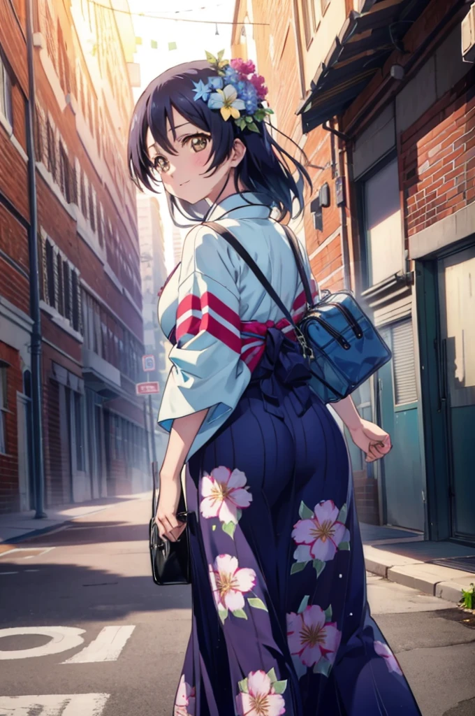 (((pixel perfect, detail perfect))), alone, 1 girl, Umi Sonoda,  flower hair ornament,tying back hair,Cyan kimono(Floral),blue furisode,blue long skirt,white foot bag,Zori sandals,smile,In town,crowd,walking,The sun is beginning to rise through the gaps between the buildings.